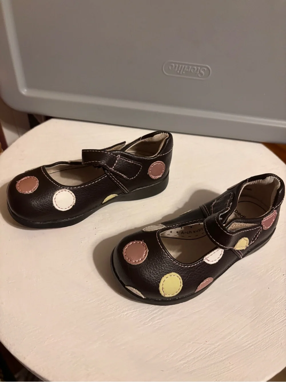Girls Brown Mary Jane Shoes with Pastel Polka Dots